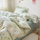 elvesmall Cute Floral Duvet Cover Set Ins Korean Style with Flat Sheet Pillowcase No filler Washed Cotton Queen Full Twin Home Bed Linen