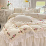 elvesmall Korean Princess Bedding Set Flowers Lace Ruffles Duvet Cover Set Bed Sheet Pillowcase Solid Color Bed Linen for Girls Queen Size