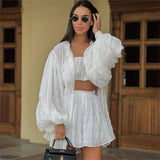 srczz Women White 3 Piece Sets Summer Casual Lantern Long Sleeve Cardigan Tops Shorts Suits Lady Spring Soft Three Piece Outfit