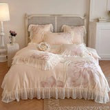 elvesmall  Princess Long Stable Cotton Duvet Cover Set Four Piece Set French Flower Embroidery Quilt Cover Lace Bedding Set Bedsheets