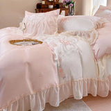 elvesmall 600TC Bamboo Lyocell Premium Elegant Sweet Bedding Set French Romance Flowers Embroidery White Lace Ruffle edge Duvet Cover 4Pcs