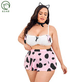 elvesmall  4XL Plus Size Women Sexy Lingerie Bra Nightwear Sleepwear Cow Print Hollow Out Buttocks Skirt Top Erotic Costume Underwear Set