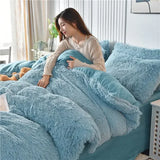 elvesmall  New Winter Warm Plush Duvet Cover Pink Romantic Princess Mink Velvet +Fluffy Flannel Quilt Cover Luxury Bedding Set King Size