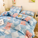 elvesmall  Cute Bear Bedding Set Girls Boys Kids Single Double Size Flat Sheet Duvet Cover Pillowcase Bed Linens White Blue Home Textile
