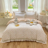elvesmall French Country Style Princess Bedding Set, 100% Cotton, Floral Ruffled Edge, Duvet Cover, Flat, Fitted Bed Sheet, Pillowcases