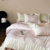 elvesmall -  High-end Satin Bedding Set 100% Cotton Printed Luxury Duvet Cover Set with Sheets Comfor Pleated Lace Quilt Cover and Pillowcase