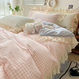 elvesmall Ruffled Pink Blue Duvet Cover Set Twin Queen Washed Microfiber Ultra Soft Bedding set Grid Duvet Cover Bed Sheet 2 Pillowcases