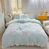 elvesmall  Cute Cartoon Bear Soft Comfortable Velvet Fleece Towel Embroidery Bedding Set Duvet Cover Linen Fitted Sheet Pillowcases