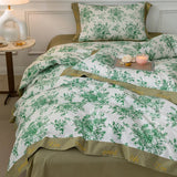 elvesmall Four-Piece Pure Cotton Satin Bedding Pastoral Light Luxury Plant Flower Printing and Dyeing Letter Lace Bed Sheet Quilt Cover