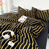 elvesmall Ins Yellow Stripe Bedding Duvet Cover Set with Pillowcase bed sheet Single Full Size Bed Linen Duvet Cover Set Queen/King Double