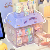 elvesmall Transparent Desktop Storage Box Creative Small House Pen Holder Student Kawaii Stationery Cosmetic Organizer Rack Drawer Cute
