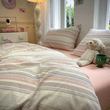elvesmall Ins Stripe Color Cotton Bedding Set Twin Full Queen Size Bed Linen Girls Adult Floral Bed Flat Sheet Pillowcase Cream Style