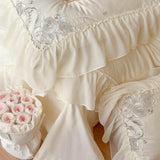 elvesmall Beige Egyptian Cotton Bedding Sets Luxury Princess Chiffon Lace Bedclothes Rose Embroidery Duvet Cover Bed Sheet Pillowcases