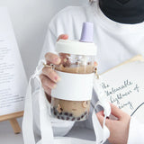 elvesmall  -  Kawaii Cat Bubble Tea Glass Water Bottle With Straw PU Sleeve Cute Boba Coffee Milk Cups Portable Girl Drinking Bottle BPA Free