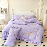 elvesmall Bedding Set Summer Embroidery Washed Cotton Bed Sheet Quilt Cover Duvet Cover Student Dormitory Skin Friendly Four-Piece Sets