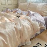 elvesmall 100%Washed Silk Sheet Set Embroidery Duvet cover Pillowcases Comfy Simple Soft Textured Cool Refreshing Feel Bedding For Summer