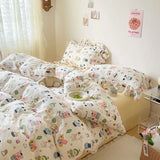 elvesmall Cute Floral Duvet Cover Set Ins Korean Style with Flat Sheet Pillowcase No filler Washed Cotton Queen Full Twin Home Bed Linen