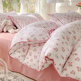 elvesmall Pastoral Girls Flower Bedding Sets, Washed Cotton Bed Linens, Soft Quilt Cover Sheet Set, Simple Bedspread, Home Textiles