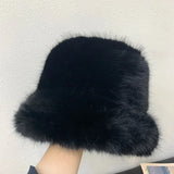 elvesmall y2k Fluffy Faux Fur Bucket Hat Women Rabbit Fur Warm Thick Plush Winter Hat Lady Luxury Fashion Party Panama Fisherman Cap