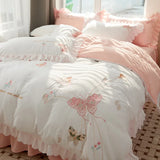 elvesmall  Princess Style Cotton Embroidery Bedding Set, Duvet Cover Sets with Bed Skirt, Fitted Sheet, Ruffles Decoration for Bedroom, 4Pc