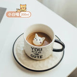 elvesmall  -  Cute Kitten Ceramic Cat Claw Cup Afternoon Tea Coffee Cups with Plates Dishes Ceramic Mug for Couples and Children Drinking Milk