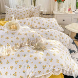 elvesmall French Golden Sunflower Floral Lace Seersucker Bedding Set Washed Cotton Four-piece Set Student Bed Sheet Three-piece Set