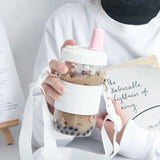 elvesmall  -  Kawaii Cat Bubble Tea Glass Water Bottle With Straw PU Sleeve Cute Boba Coffee Milk Cups Portable Girl Drinking Bottle BPA Free