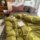 elvesmall Bedding Set Ins Ambiance Blue Coffee Grid Mixed With Washed Cotton Minimalist Four Piece Set Fitted Sheets Duvet Cover