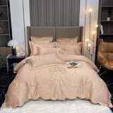 elvesmall  Golden Feather Embroidery Bedding Set Luxury Pearl White Satin Cotton Bedclothes Duvet Cover Bed Sheets Set Pillowscases