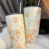 elvesmall  -  Kawaii Bear Sainless Steel Thermos Insulated Tumbler For Ice Coffee Tea Beer Juice Cute Korean Water Bottle Cup With Straw 550ml