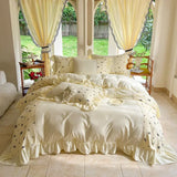 elvesmall Korean Princess Style Chiffon Bedding Set 100% Cotton Elegant King Size Duvet Cover Set with Sheets Quilt Cover and Pillowcases