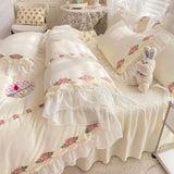 elvesmall Korean Princess Bedding Set Flowers Lace Ruffles Duvet Cover Set Bed Sheet Pillowcase Solid Color Bed Linen for Girls Queen Size