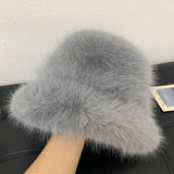 elvesmall y2k Fluffy Faux Fur Bucket Hat Women Rabbit Fur Warm Thick Plush Winter Hat Lady Luxury Fashion Party Panama Fisherman Cap