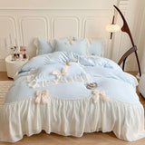 elvesmall Princess Lace Bow Bedding Set Beauty Solid Color Lace Ruffle Quilt Cover Luxury Girls Wedding Home Textiles Duver Cover