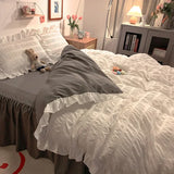elvesmall  Pink Ruffled Seersucker Duvet Cover Set 3/4pcs Soft Lightweight Down Alternative Grey Bedding Set with Bed Skirt and Pillowcases