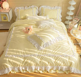elvesmall Korean Ins Bedding Set, Luxury Quilt Cover, Pillowcase Flat Bed Sheets, Simple Girl Princess Ruffle Home Textiles