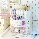 elvesmall Cute Rotating Pen Holder Desktop Drawer Stationery Box Case School Office Desk Kawaii Stationery Storage Box Organizer Stickers