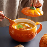 elvesmall 300/450ML Halloween Pumpkin Shaped Ceramic Cup With Spoon Kawaii Soup Mug With Lid  Oatmeal Cup Creative Water Cup