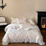 elvesmall  Rose Flowers Embroidery Lace Ruffles Duvet Cover Bed Sheet Pillowcases 1000TC Egyptian Cotton French Vintage Wedding Bedding Set