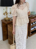 srczz  -  Chic Slim Hollow Out Blouses Women Florals Summer 2024 Sets Office Lady High Waist Work Wear Long Skirts Suits