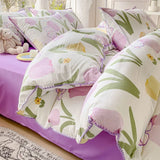 elvesmall Pastoral Girls Flower Bedding Sets, Washed Cotton Bed Linens, Soft Quilt Cover Sheet Set, Simple Bedspread, Home Textiles