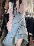srczz  -  French Elegant Fairy 2 Piece Dress Set Female Floral Long Sleeve Tops + Denim Strap Dress 2023 Summer Korean Fashion Suits