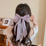 elvesmall Elegant Bow Ribbon Hairpin for Women Long Tassels Pearl Pin Bowknot Stain Hair Clip Retro Headband Girl Hair Accessories Jewelry