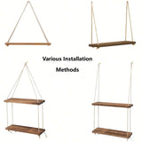 elvesmall 1PC Wooden Swing Hanging Hemp Rope Wall Shelve Mounted Floating Home Living Room Plant Flower Pot Tray Storage Garden Decoration