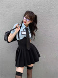 srczz Preppy Style Womens Two Piece Sets Shirt Sexy Outfit High Waist Corset Strap Pleated Skirt Vintage School Uniform Suit Summer