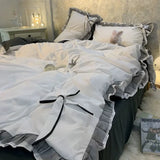 elvesmall Grey White Quilt Cover Korean Prinsess Bow Girl Bedding Sets Simple Solid Color Bedclothes Decor Bedroom