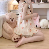 elvesmall  Strawberry Sleepwear Shorts Women Slash Neck Pajamas Sets Summer Piiama with Pad Korean Night Wears 2 Pieces Home Suit Pyjamas