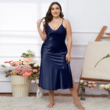 elvesmall  Large size Women Sleepwear Summer Homewear Solid Satin Seemless Midi Nightdress Plus Size Spaghetti Strap Nightgown 60-75kg