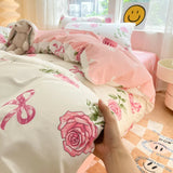 elvesmall Floral Botanical Duvet Cover Set Cotton Pink Bows Reversible Bedding for Girls Women Farmhouse Aesthetic Garden for All Seasons
