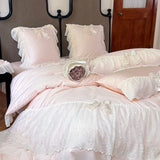 elvesmall  Pink Romantic Lace Ruffles Bow French Princess Wedding Bedding Set 1000TC Egyptian Cotton Duvet Cover Set Bed Sheet Pillowcases